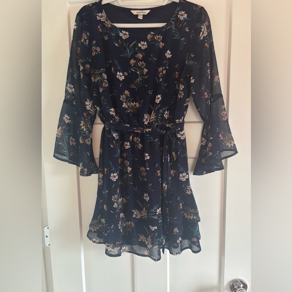 Navy Blue Floral Mini Dress with Bell Sleeves